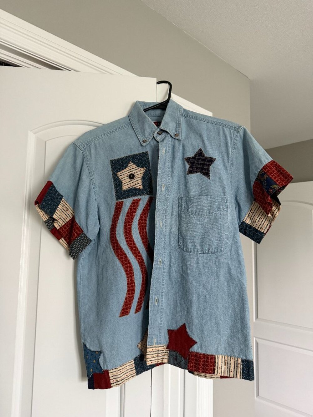 Size Small Vintage Denim Top. Patriotic Americana Patchwork. EUC